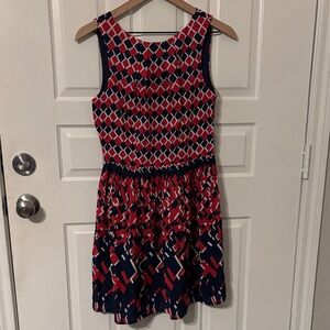 Charming Charlie red navy pleated fit flare dress small